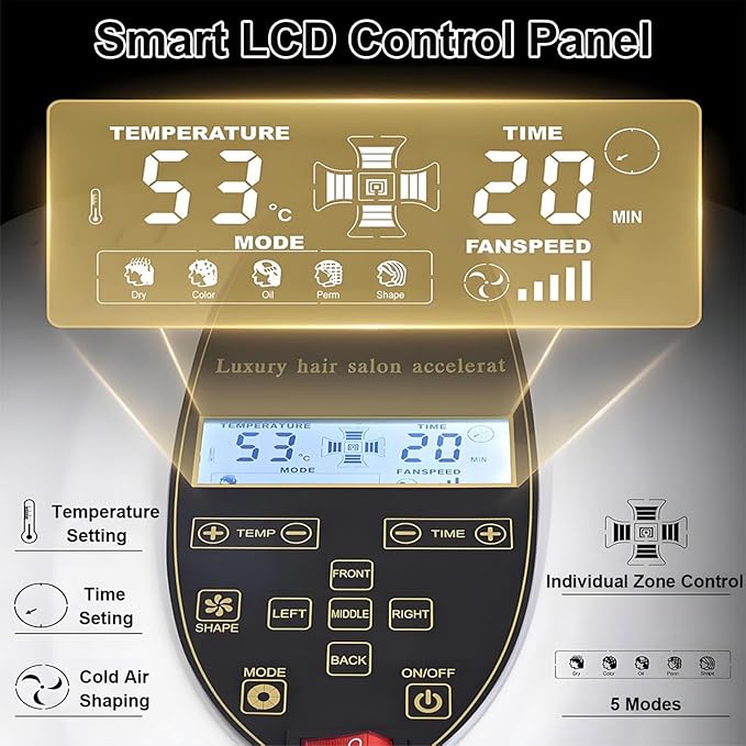 Floor-Standing Professional Hair Dryer with LCD Control Panel Hair Color Processor with 5 Independent Heating Units Adjustable Height Temperature &amp Time