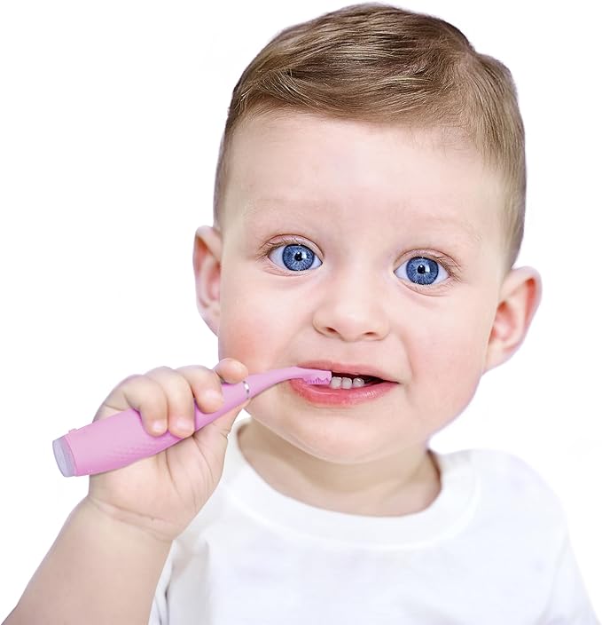 FOREO ISSA 4 Baby – Silicone Sonic Electric Toothbrush Bundle for Babies 2-Sided Bristles Fun Smile Feature Gum Massage 12 Months of Care with Extra Brush Head Travel-Friendly - Pearl Pink
