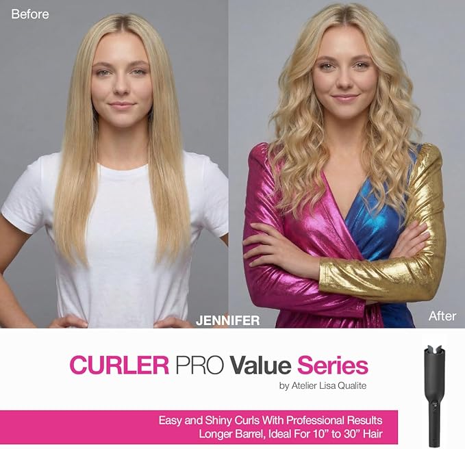 Easy Curl Automatic Curling Iron - Curler Pro Long Barrel Beach Wave Curler | Curly Hair Products: Hair Curler Automatic Rotating Curling Wand 1 1/4 Inch | Value Series By Atelier Lisa Qualite