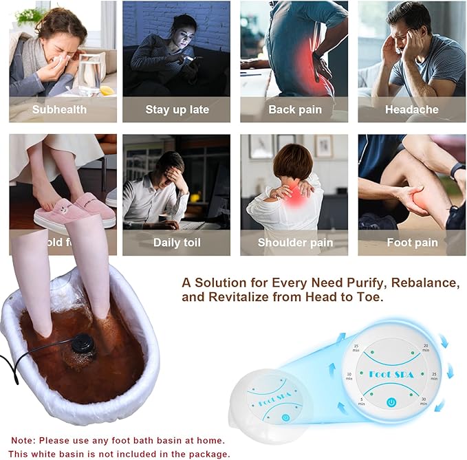ANDECH® Portable Ion Foot Spa-Ion Foot Bath Detox Machine-for ToxinsHeavy Metals&ampFree RadicalsNo Bucket Design with Himalayan Pink Salt with Array Disposable Liners TowelEasy 30' Home Detox