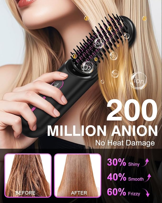 Sunwhisper Cordless Hair Straightener Brush with 200 Million Anion Portable Comb for Travel with LCD Display 2 Clips - Black