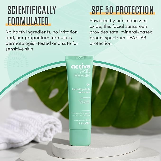 Active Skin Repair SPF 50 EWG-Certified Hydrating Daily Sunscreen and Face Moisturizer Non-Nano Zinc Non-Toxic Broad Spectrum Protection Hydrating Mineral Facial Sunscreen 1.7 fl. oz.