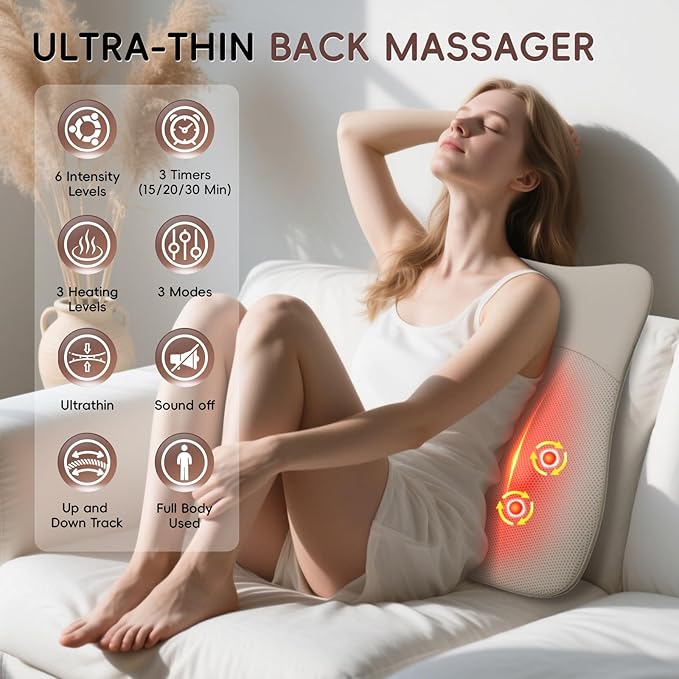 Back Massager Rolling Up and Down Back Massager with Heat Back Massage 4D Kneading for Pain Relief Deep Tissue Ultrathin Shoulder Massager Mother's Day Gift for Women Men Parents Khaki