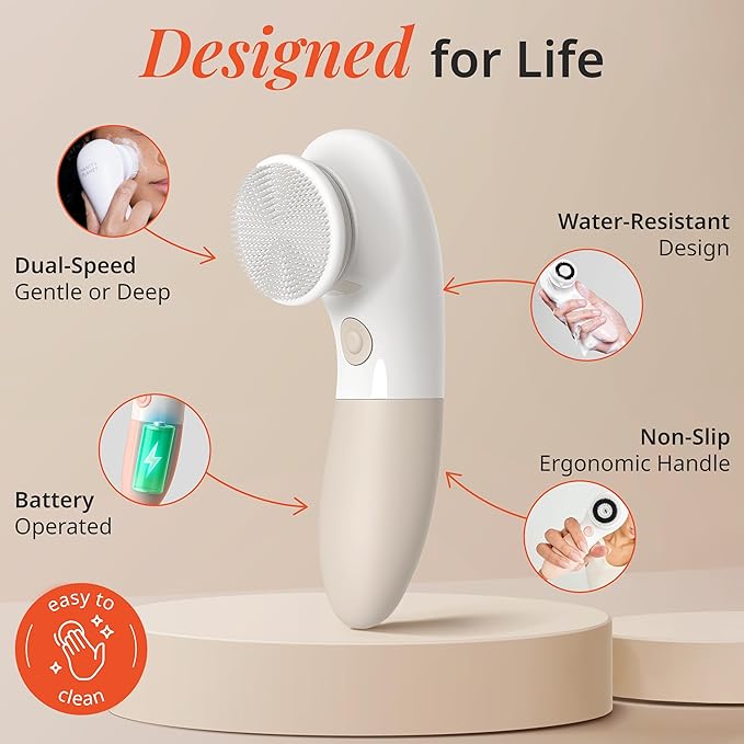 Vanity Planet Raedia Facial Cleansing Brush - Electric Facial Cleansing Brush with 4 Exfoliating Brush Heads - Waterproof Handheld Lightweight for Face Scrubber and Exfoliating Face - Warm Grey
