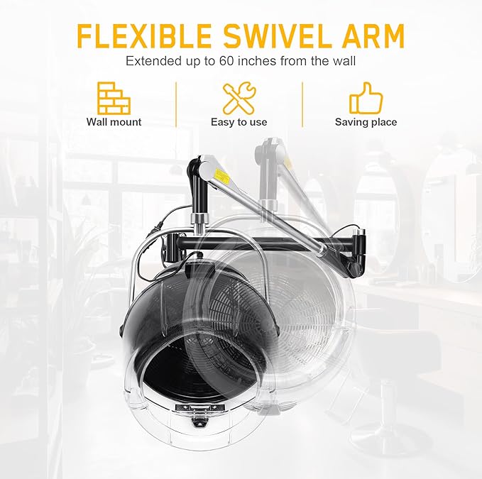 Wall Mounted Hair Hood Dryer with Swivel Arm – 900W Salon Hair Dryer with Adjustable Timer &amp Temperature Control – Space-Saving Design for Home &amp Professional Salons