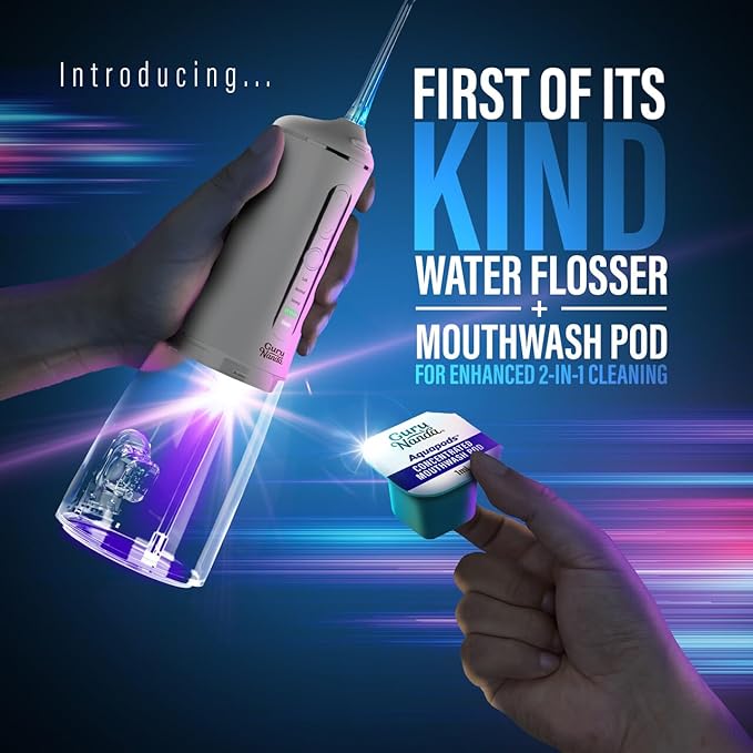 GuruNanda Advanced Dental Water Flosser 3.0 with UV Mode Water Flosser &amp 24 Aquapods with Mouthwash for Fresh Breath &amp Plaque Removal Compact &amp TSA-Friendly