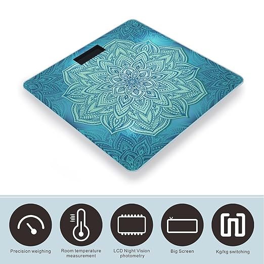 Blue Bohemian Pattern Scale for Body Weight Digital Bathroom Scale Precision Smart Weighing Scales with Clear LED Display Accurate High Precision Scales Weighing Machine