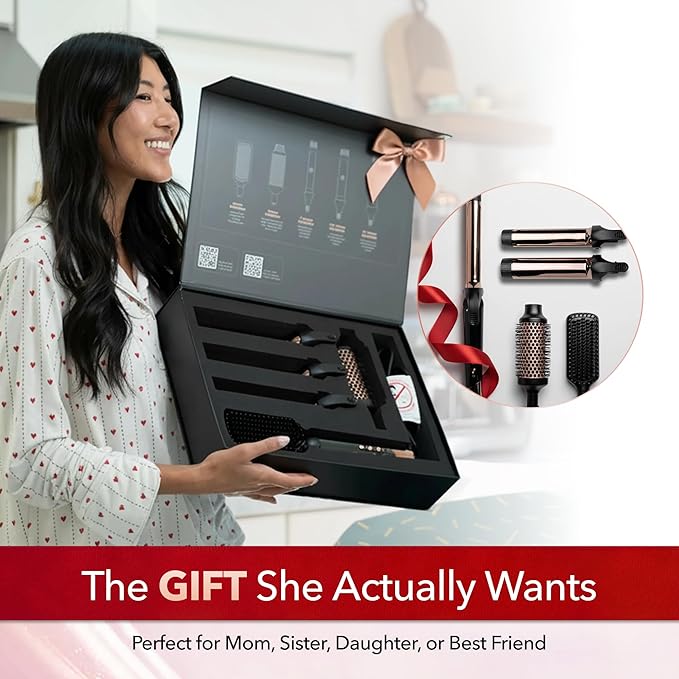 SRILabs CurlQ Extra Long Barrel 5-in-1 Curling Iron &amp Hair Styling Tool Set with Titanium Barrels Ceramic Paddle Brush Thermal Brush Fast Heat-Up &amp 12 Temperature Settings
