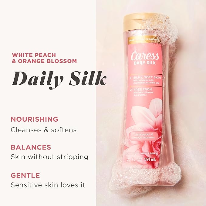 Caress Body Wash for Women Daily Silk White Peach &amp Orange Blossom Shower Gel Body Wash Moisturizing for Noticeably Silky Soft Skin 20 fl oz 4 Pack