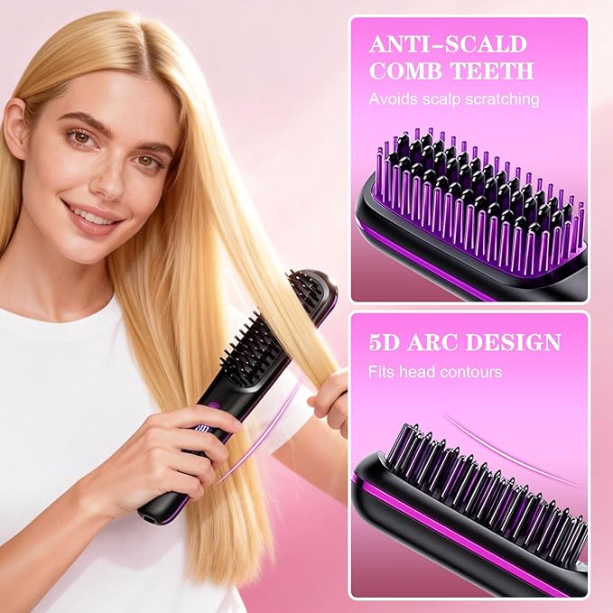 Go Brush Pro Cordless Hair Straightener Brush Portable Straightener Brushs for Travel Fast Heating Cordless Mini Hair Brushs with LED Display 3 Adjustable Temperatures Purple