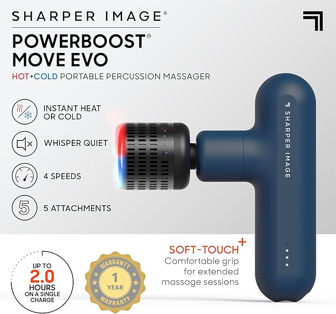 Sharper Image Recovery &amp Wellness Massager Bundle - Powerboost Max with 6 Attachments &amp Powerboost Move with Hot + Cold Therapy| Deep Tissue Percussion Massage Gun| Muscle Relief Workout Recov