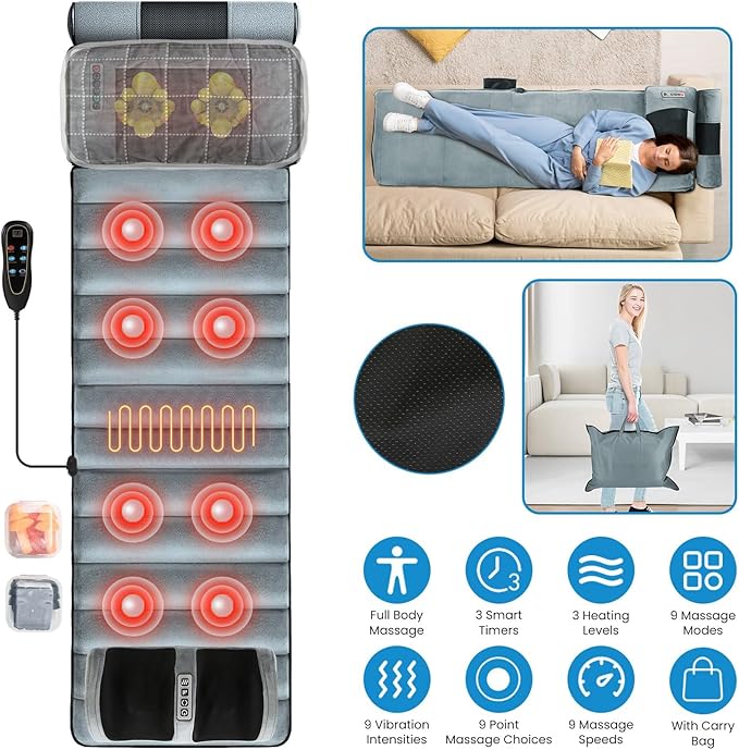 KOCASO Full Body Electric Massage Mat Heating Vibration with Neck Foot Massage Head Pillow and Cloth Lumbar Pillow Timer Anti-Slip Bottom Earplugs - for Relaxation &amp Stress Relief(Advanced)