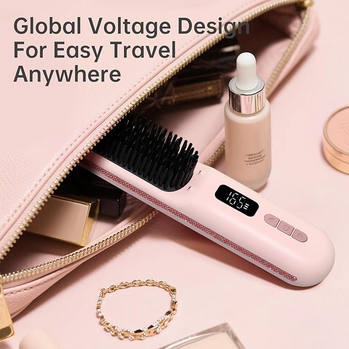 Hair Straightener Brush Portable Cordless Mini Straightening Brush for Travel 300M Negative Ions for Frizz-Free Shine Fast HeatingHot Comb Hair Straightener with 9 Temps for Women
