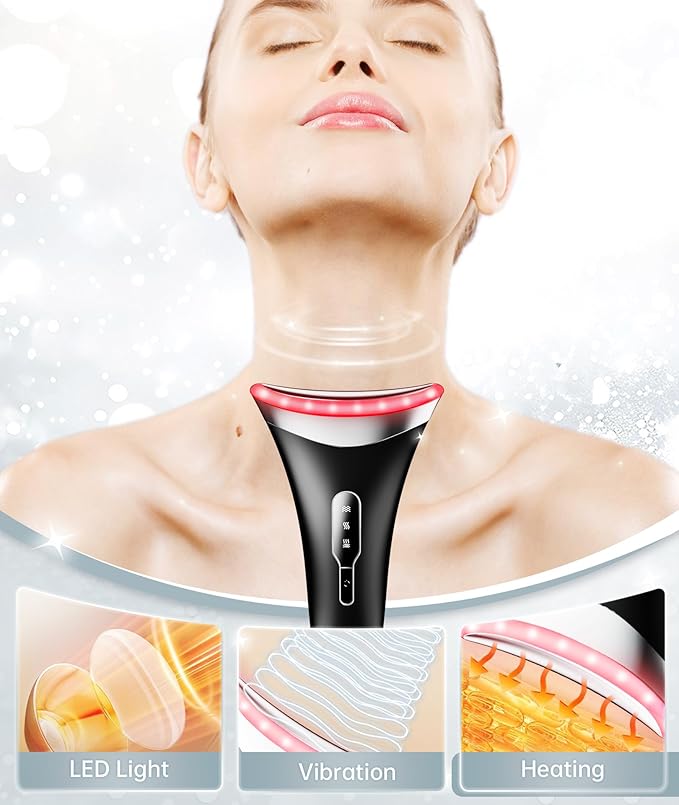 7 Color Light Therapy Facial Massager with Adjustable Vibration and Thermals for Wrinkles Double Chin Red Light Skin Care Tool with Base Black