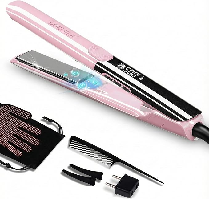 DORISILK 500 Degree High Temp Professional Hair Straightener30s Fast Heating Ceramic Flat Iron 2 in 1 Hair Straightener and CurlerPlasma Flat Iron Get Frizz-Free and Shiny(Pink)