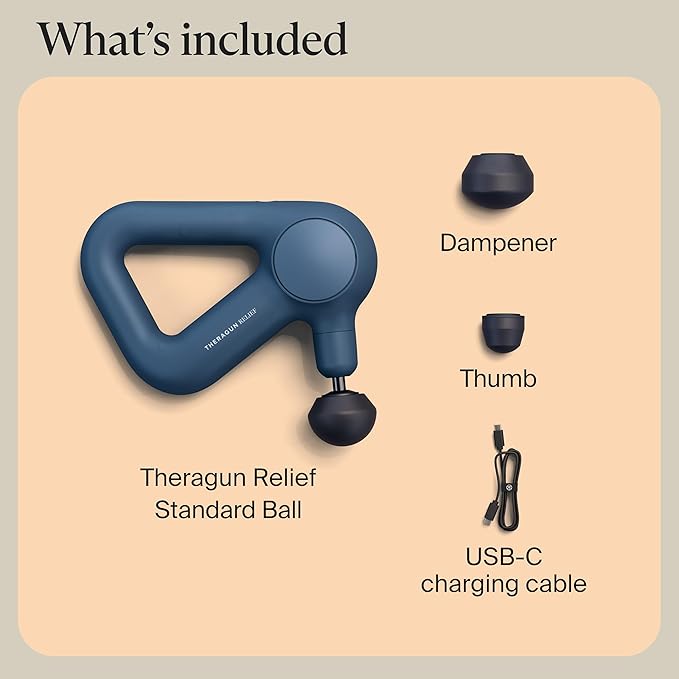 TheraGun Therabody Relief Handheld Percussion Massage Gun - Easy-to-Use Comfortable &amp Light Personal Massager for Every Day Pain Relief Massage Therapy in Neck Back Leg Shoulder and Body (Navy