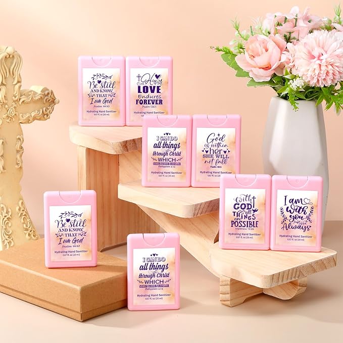 Frienda 24 Pcs Christian Gifts for Women Travel Size Hand Sanitizer Spray Bulk Mini Power Mist Religious Inspirational Gift for Baptism Christian Church Group Women's Day Easter Party Favor(Cute)