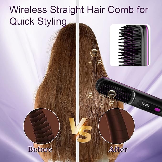 Go Brush Pro 2025 NewCordless Hair Straightener BrushPortable Straightener Comb Straightening Comb Rechargeable Go Travel Hot Combs Mini with Temperature Display for Women(Black)