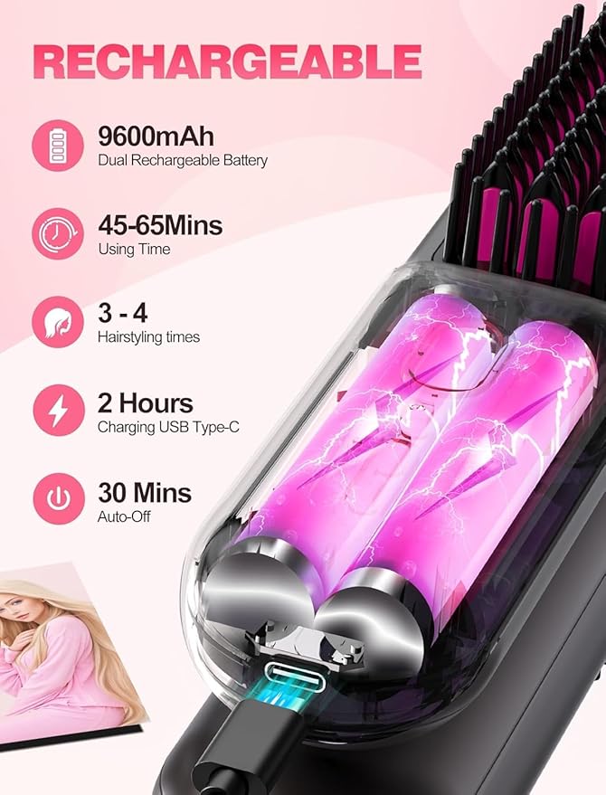 Cordless Hair Straightener Brush for TravelMini Hair Straightener Comb with Negative IonPortable hot Brush Hair Straightener for Women Rechargeable 9600mAh Battery Anti-Scald12 Temp-Setting(Grey)