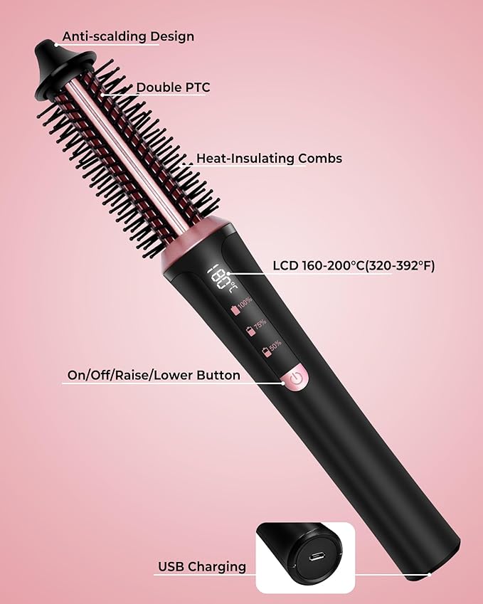 Cordless Curling Brush4000 mAh USB Cordless Hair Curler with 3 Temp Setting Mini Travel Curling Iron Rechargeable Ceramic Battery Powered Curling Iron