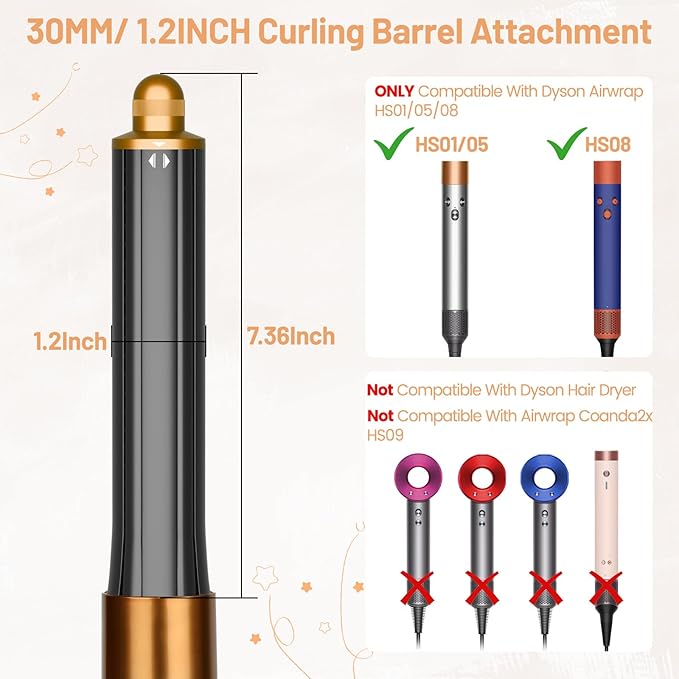 30mm/1.2 Inch Curling Barrel for Dyson Airwrap Long Hair Curling Roller Barrels Compatible with Airwrap HS01/05/08 Self-Curling Replacement Attachment for Part No.971888-07 Gold