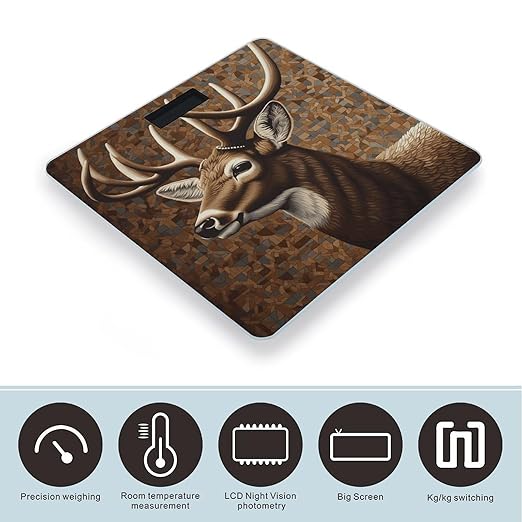 Deer on Brown Background Scale for Body Weight Anti-Slip Tempered Glass Digital Bathroom Scales Clear LCD Display Weighing Scale Safe Rounded Corners Smart Scales