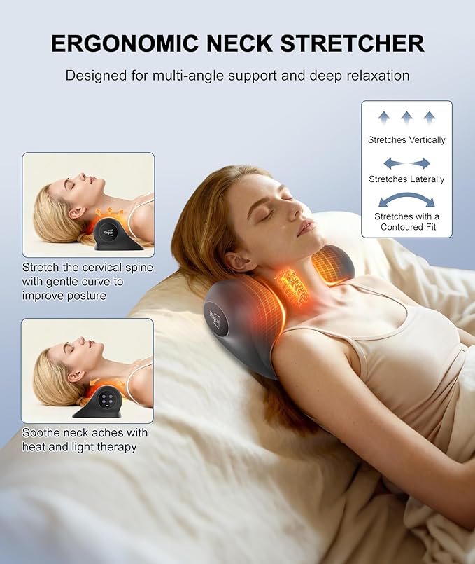 RINGCO Neck Massager with Heat Red Light &amp Vibration Adjustable Heated Neck Stretcher with 3 Modes Rechargeable Cervical Traction Device for Pain Relief &amp Muscle Relaxation Gift for Women