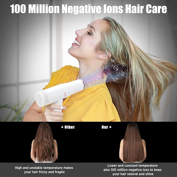 Hair Blow Dryer with Diffuser IG INGLAM Professional High Speed Brushless Motor Negative Ion Low Noise Constant Temperature 3 Heat Settings 3 Speeds and Cool Shot Brutton Powerful Ionic Hair Dryer
