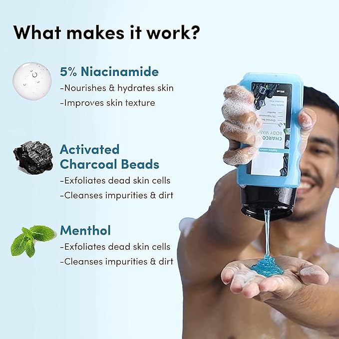 DK Charcoal Body Wash for Men | with 5% Niacinamide Activated Charcoal &amp Menthol | Deep Cleansing Detoxifying &amp Exfoliating Showering Gel | Paraben Free Soap Free | 275ml