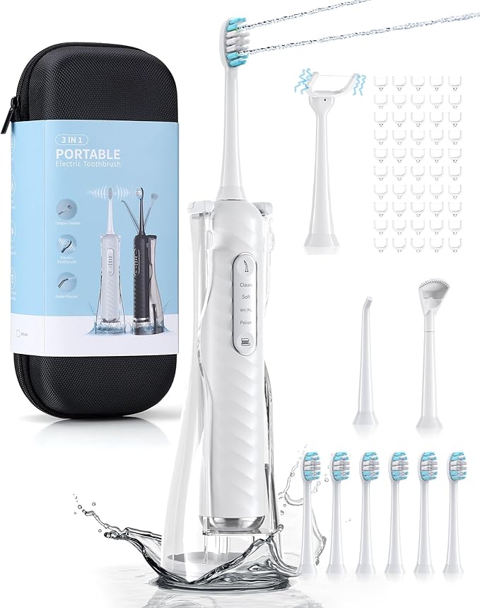 Electric Toothbrush with Water Flosser 4 in 1 Cordless Toothbrush and Water Flosser Combo for Multiple Users and Needs Flossing Toothbrush Portable for Travel and Home White