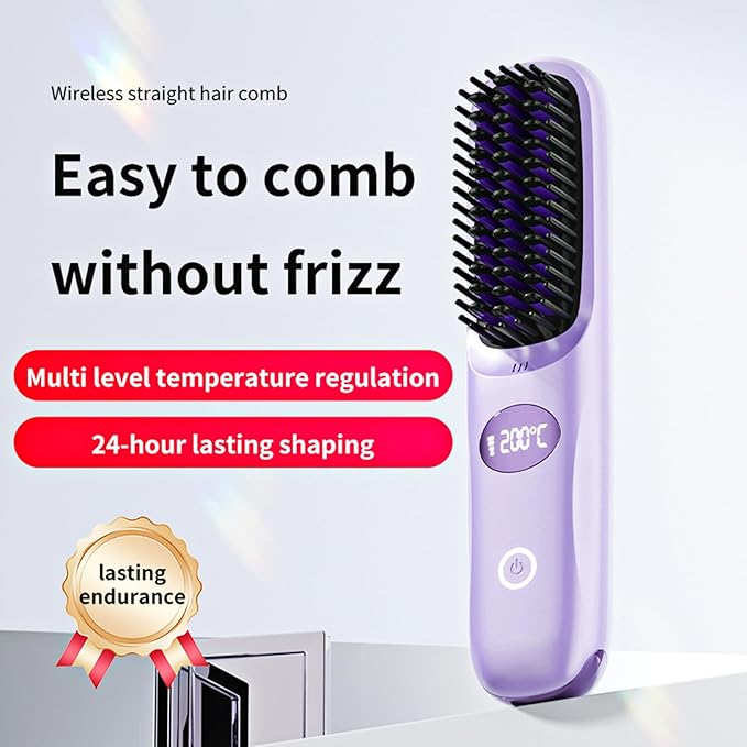 Go Brush Pro Portable Cordless Hair Straightener Brush for Travel Fast Heating Straightening Comb with LCD Display &amp °F/°C Switch Rechargeable Anti-Frizz Styling Tool for Smooth Shiny Hair (Purp