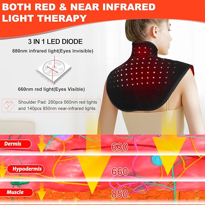 Cordless Red Light Therapy for Neck Shoulder Pain Relief 6000mAh Battery Portable Near Infrared Therapy Devices Wearable Wrap for Upper Back Neck Shoulders Body Muscle Relax Treatment Pad