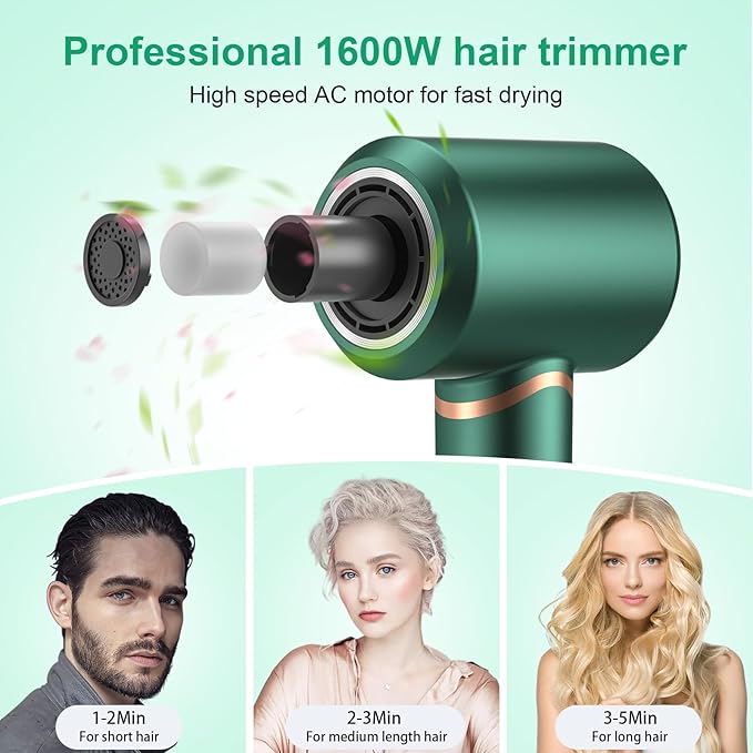 Hair Dryer Negative Ionic Blow Dryer for Fast DryingLow NoiseThermo Control Hair Dryer 2 Speed and 3 Heat SettingsCold Air Button with 1 Diffuser 110000 RPM High Speed Brushless Motor (Green)
