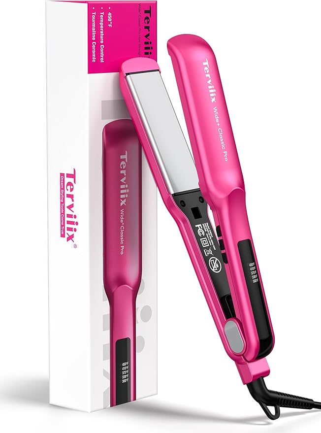 Terviiix Ceramic Hair Straightener 1-1/2 Inch Wide Flat Iron for Hair Professional Straightening Irons with Adjustable Temp 30s Instant Heating Get Silky Smooth Hair Dual Voltage Auto Off Pink