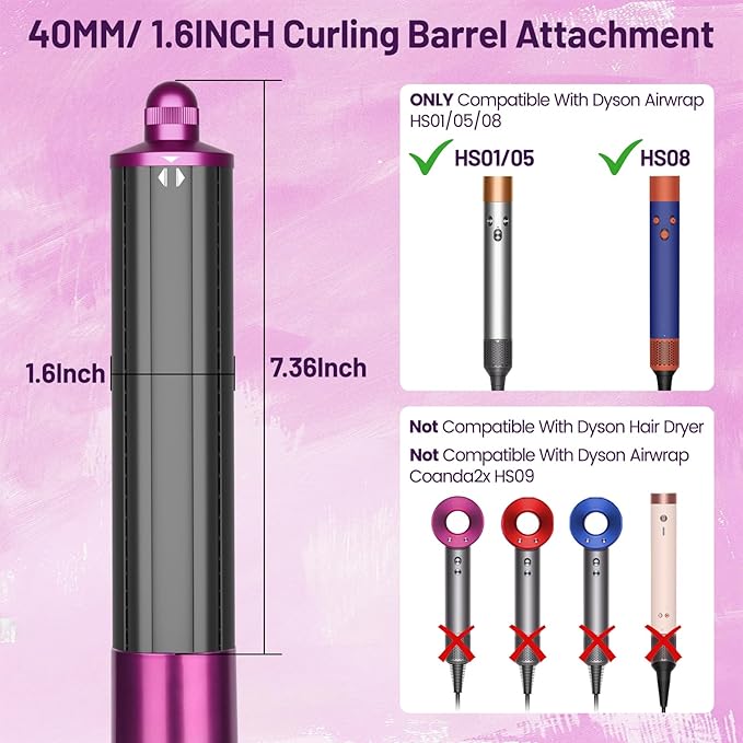 1.6INCH/40MM Long Barrel for Dyson Airwrap Attachment Long Hair Curling Barrels Roller Attachment Compatible with Air Wrap HS01/05/08 Automatic Curlers for Loose Curls(Rose)