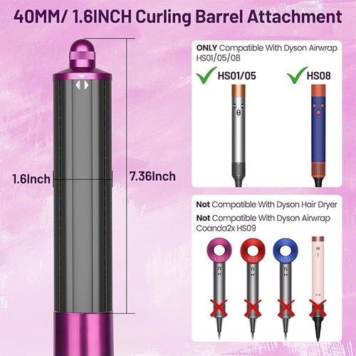 1.6INCH/40MM Long Barrel for Dyson Airwrap Attachment Long Hair Curling Barrels Roller Attachment Compatible with Air Wrap HS01/05/08 Automatic Curlers for Loose Curls(Rose)