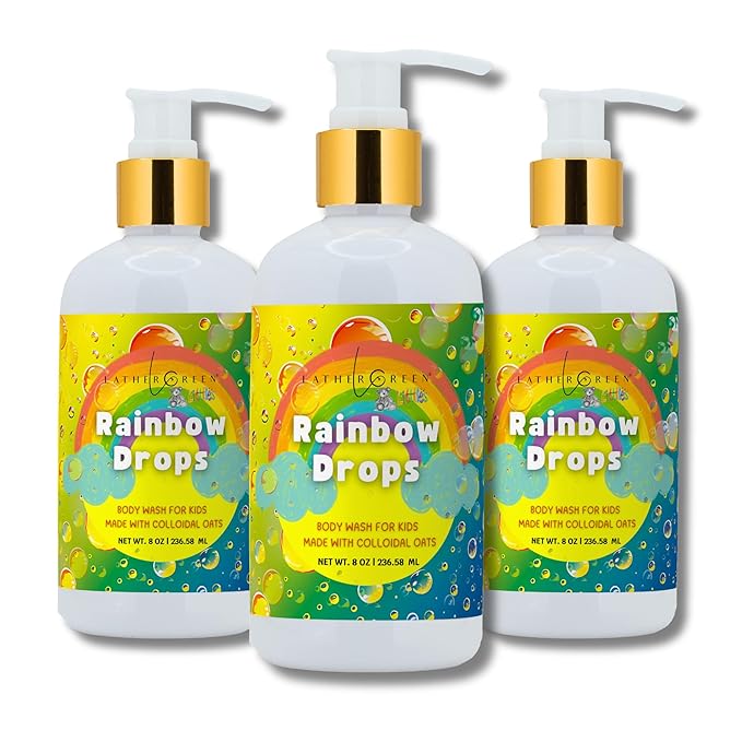 Kids Body Wash – Plant Based Gentle Moisturizer with Shea Butter – Safe for Sensitive Skin – Rainbow Drops – 3 Pack (8 oz Each)