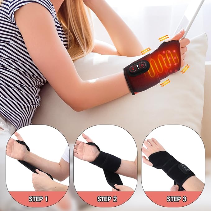 Kovarria TheraWrap Cordless 3-in-1 Red Light Therapy Wrist Wrap Rechargeable Hand Brace with 3 Heat Settings &amp 3 Vibration Levels
