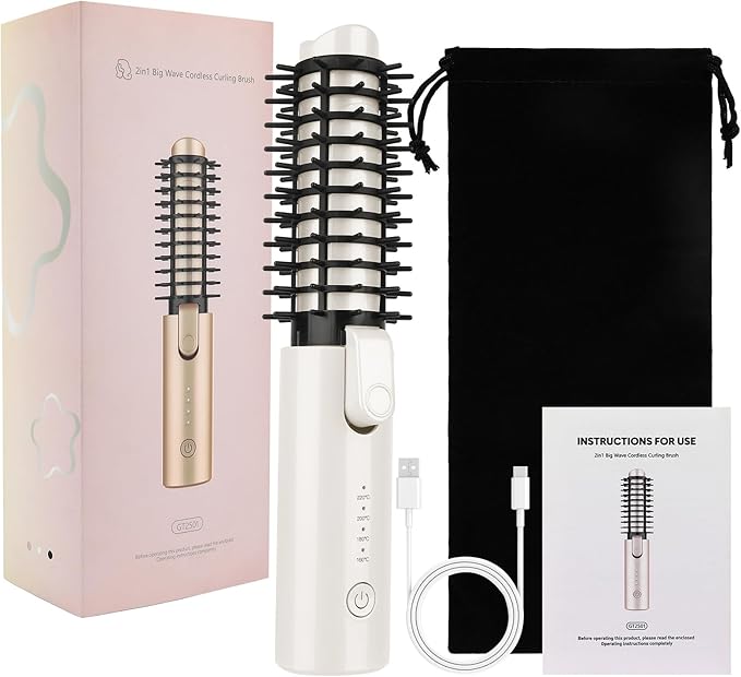 Cordless Curling Iron Brush Mini Travel Hot Straightener Comb Curl Brush Rechargeable 4 Temps Cordless Wand Blush with 200 Million Negative Ions for Curls Straightening Styling (White)