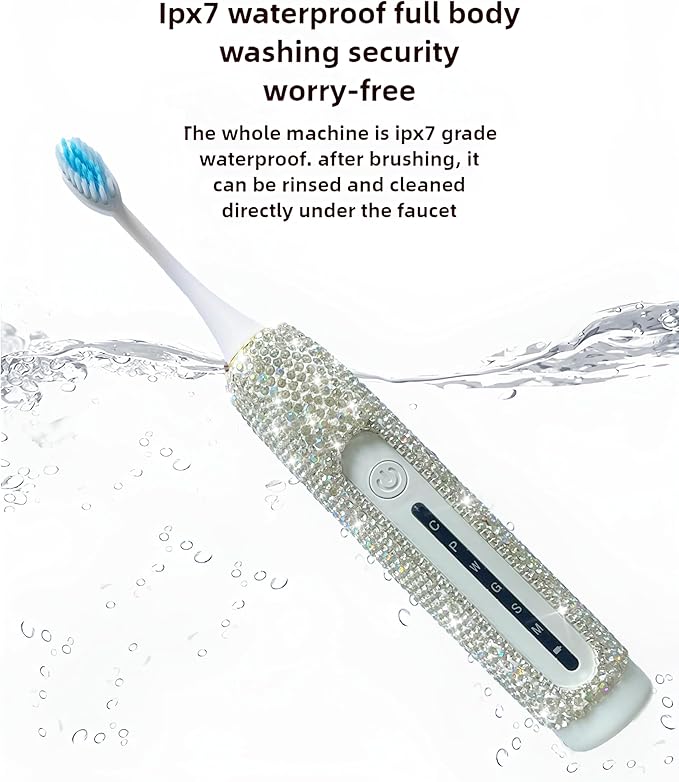Electric Toothbrush for Woman Silver Bling Diamond Decor Portable Travel Essentials for Women White Toothbrush with 3 Replacement Heads 6 Modes