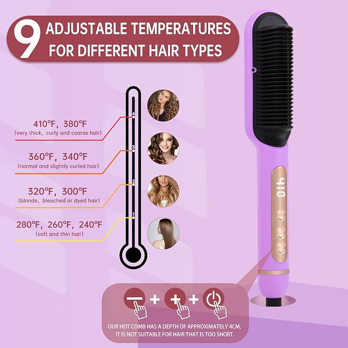 Negative Ionic Hair Straightener Brush with 9 Temp Settings 30s Fast Heating Hair Straightening Comb with LED Display Anti-Scald &amp Auto-Shut Off Hair Brush Straightener for Women (Purple)