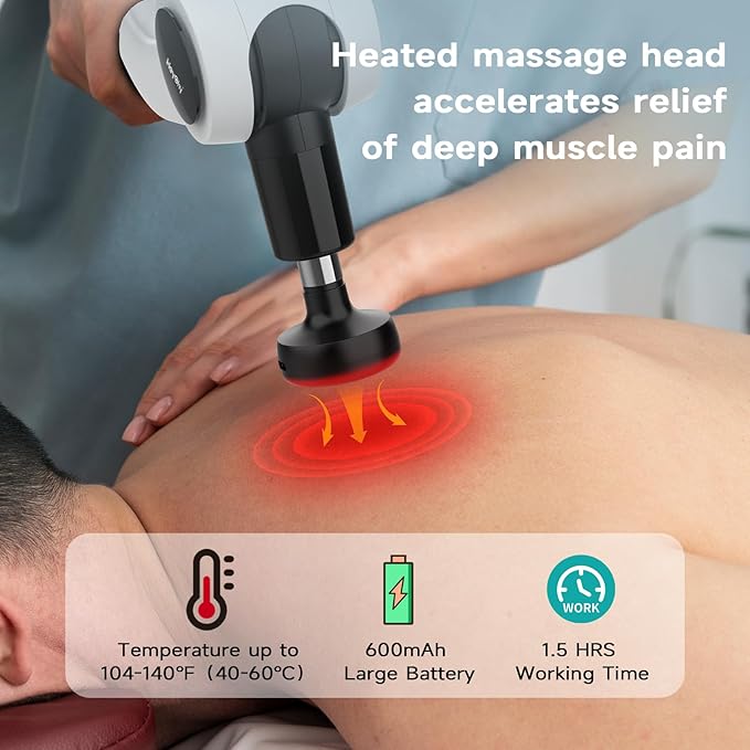Massage Gun with Heat - Deep Tissue Percussion Massager for Pain Relief 12mm Amplitude 5 Speeds &amp 8 Attachments Ideal for Muscle Recovery Back Shoulder Leg - Gift for Athletes Men Women (Whi