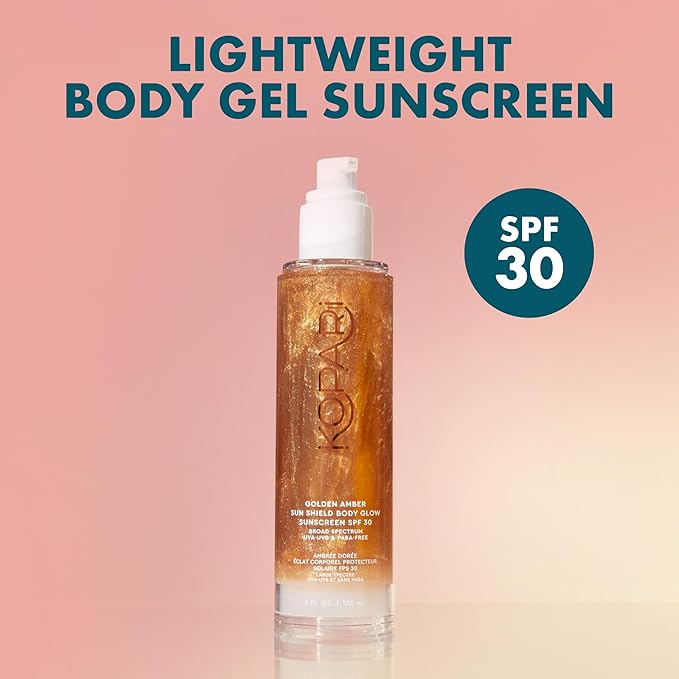 Kopari Sun Shield Body Glow Broad Spectrum SPF 30 Lightweight Shimmering Gel Texture Absorbs Quickly Non Sticky Glowing Results Golden Amber 5 oz