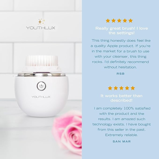 YouthLab Pure Radiance Vibrating Facial Cleansing Brush Electric 3 Modes 3 Brush Heads (2 Bristle1 Silicone) Waterproof Rechargeable Smart Timer Exfoliating Massage (Silver)