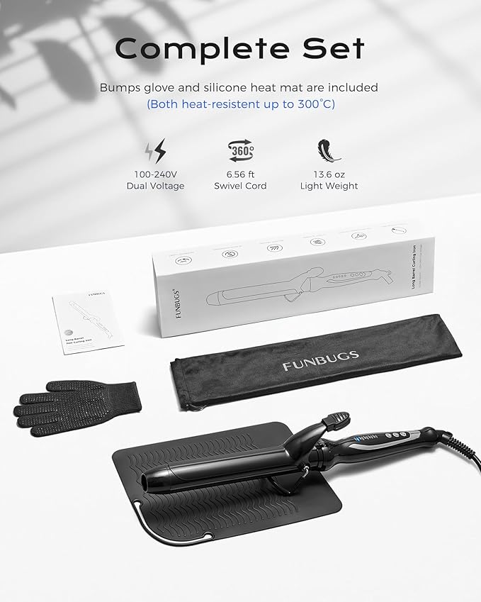 1.25'' Double Ceramic Long Barrel Curling Iron - 8'' Extended Wand | 5 Heat Settings | Dual Voltage | Auto Shut-Off | Anti-Slip Styling for Long Hair (Bag Mat Glove)