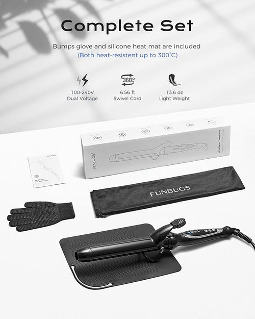 1.25'' Double Ceramic Long Barrel Curling Iron - 8'' Extended Wand | 5 Heat Settings | Dual Voltage | Auto Shut-Off | Anti-Slip Styling for Long Hair (Bag Mat Glove)