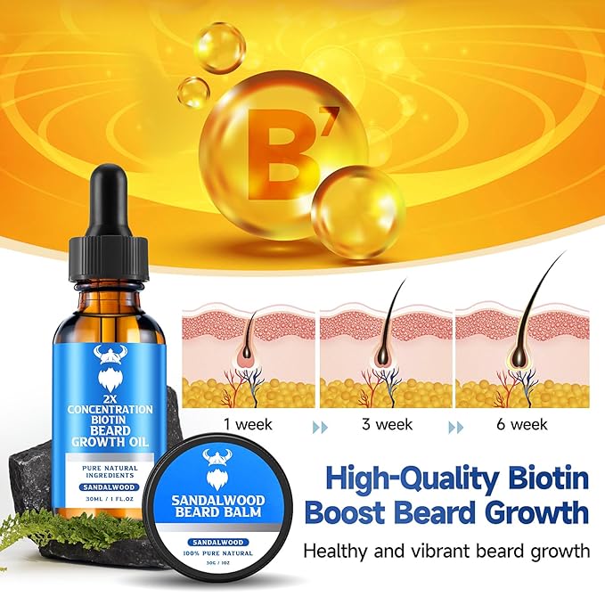Beard Growth Oil &amp Beard Balm - Beard Growth Kit with 2X Concentration Biotin for Men Natural Ingredients with Argan Oil Jojoba Oil and Vitamin (Sandalwood)