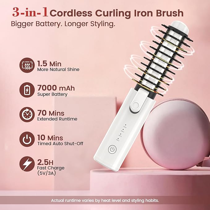 Youbella Cordless Hair Curling Iron Brush Portable Travel Hair Curler Mini 1.5″ Heated Round Brush 3-in-1 USB Rechargeable Straightening Wand for Styling &amp Smoothing 200 Million Ionic Care Wh