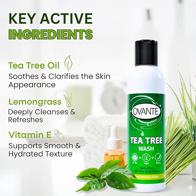 Tea Tree Oil Body Wash – Clarifying &amp Hydrating Shower Gel with Lemongrass &amp Vitamin E | For Itchy Oily Dry &amp Flaky-Looking Skin | Sulfate Free Daily Cleanser - 7 oz