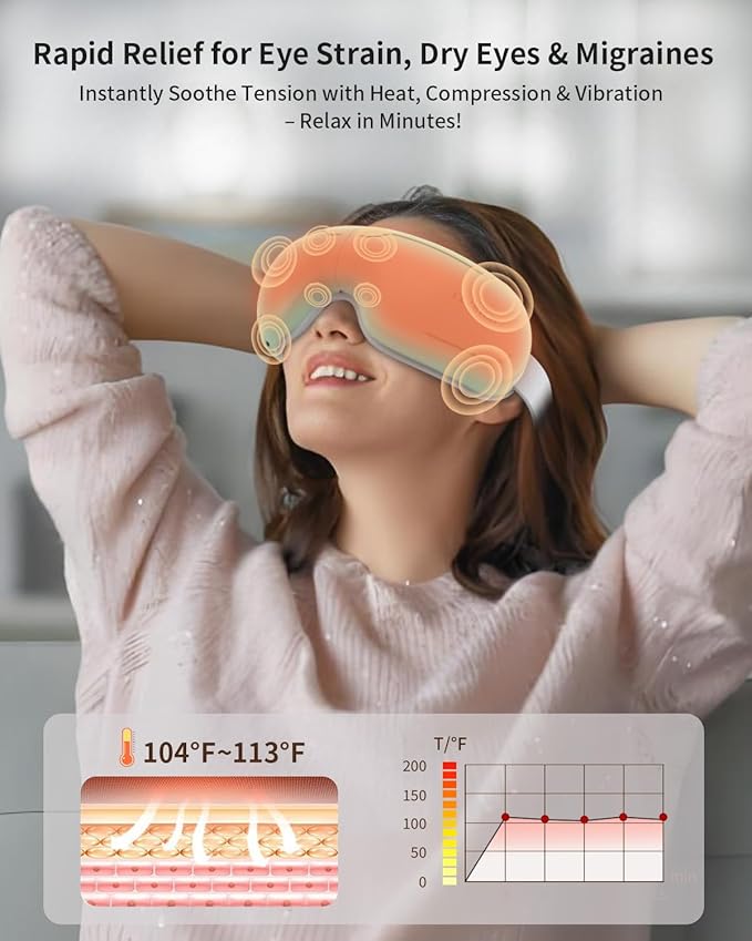 Eye Massager with Heat and Compression - Avocado Green Heated Eye Mask with Vibration Bluetooth Music 6 Modes Rechargeable 1200mAh Battery for Eye Strain Dry Eyes Migraines Relief